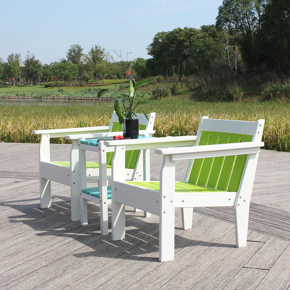 DCS303 UV Protectant HDPE Outdoor Morden Two Green Chairs And One Blue Side Table